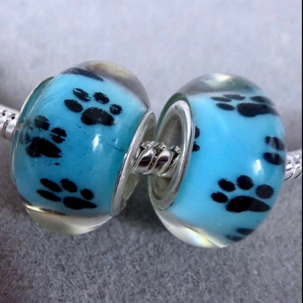 2pc Blue Paw Print Murano Charms fits PANDORA